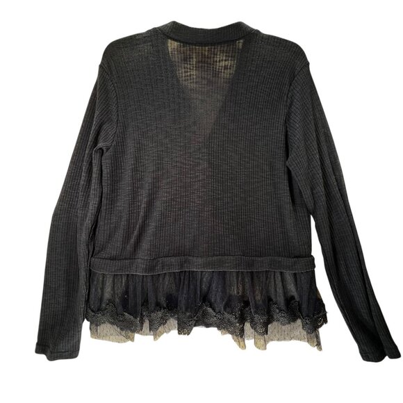 Forgotten Grace Cardigan Sheer Lace Hem Navy Blue Sweater Pearl Buttons Ribbed - Picture 8 of 15